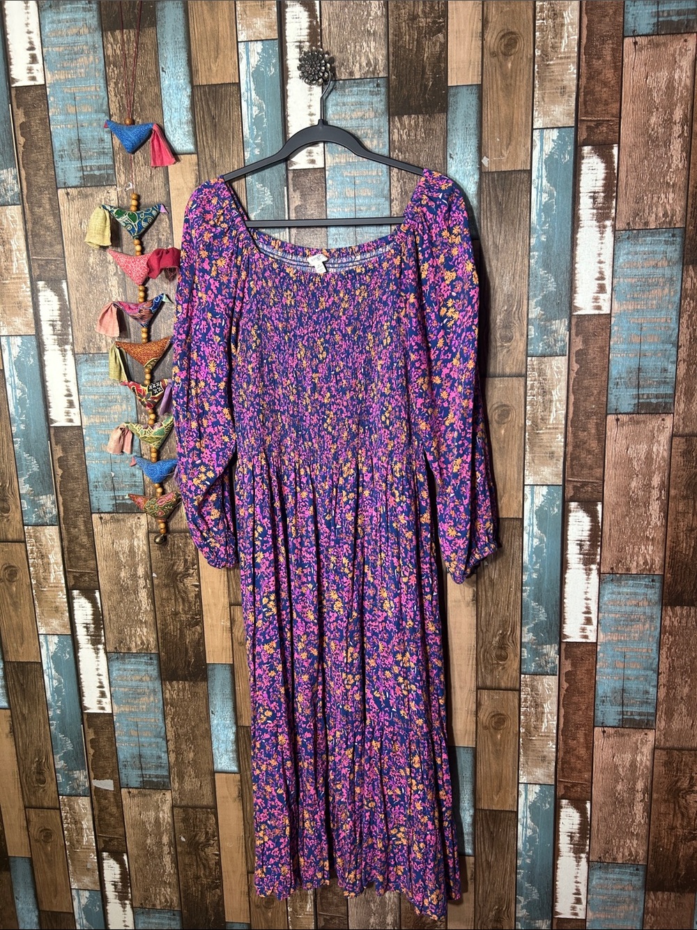 Sky Purple Floral Smocked Maxi Dress with Pink & Orange Accents